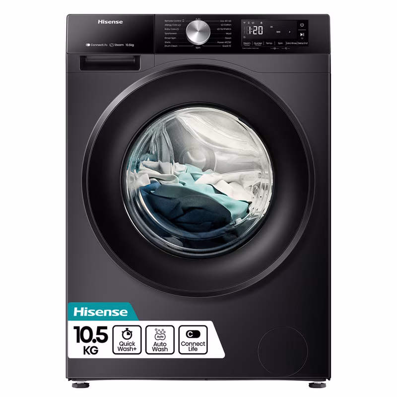 Hisense WF3S1043BB3 10.5kg 1400 Spin Steam Washing Machine - Black